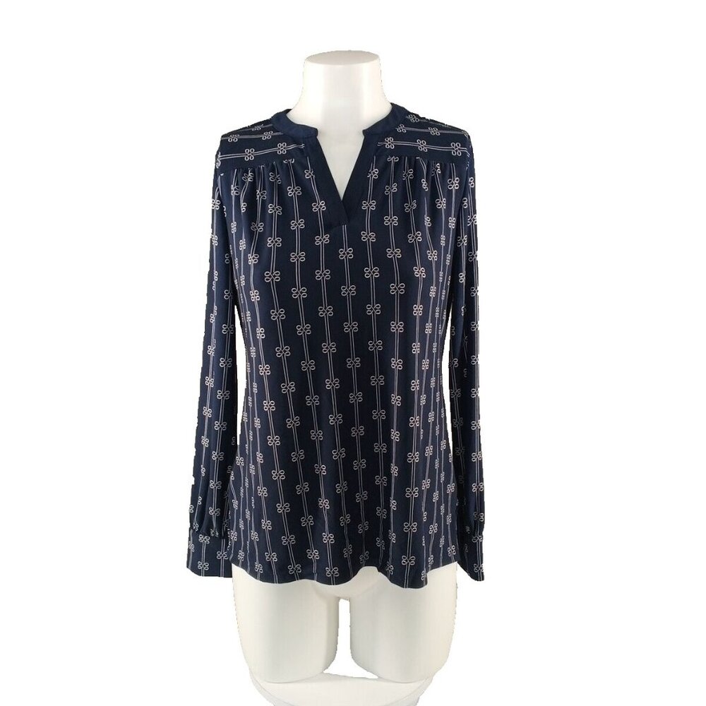 NWT Charter Club Oriental Pattern Knit Blouse Petite SMALL Blue White V-neck